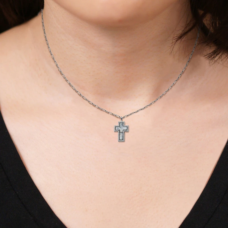Womens 1 1/8 CT. T.W. White Mother Of Pearl Sterling Silver Cross 17 Inch Pendant Necklace