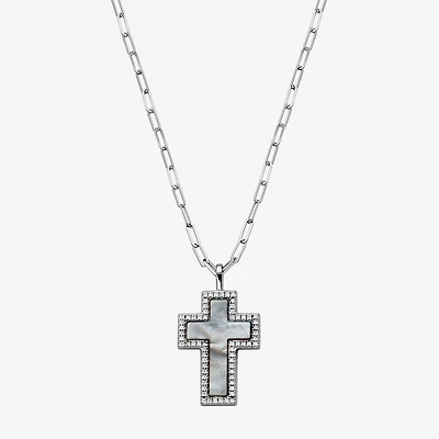 Womens 1 1/8 CT. T.W. White Mother Of Pearl Sterling Silver Cross 17 Inch Pendant Necklace