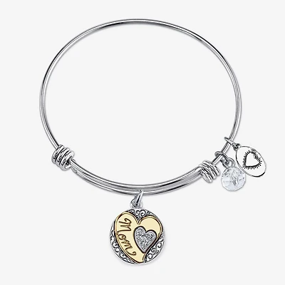 Footnotes Mom Womens Crystal Stainless Steel Heart Bangle Bracelet