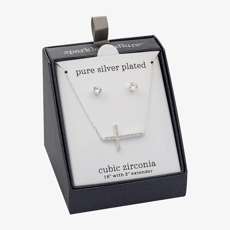 Sparkle Allure Womens White Cubic Zirconia Pure Silver Over Brass Cross 2-pc. Jewelry Set