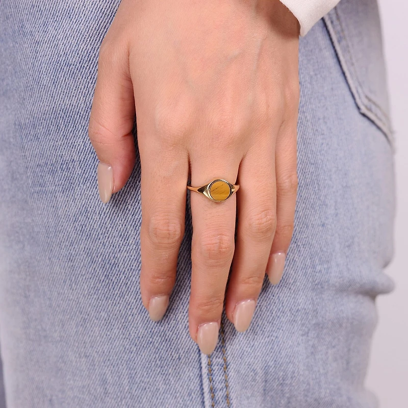 Womens Genuine Brown Tiger's Eye 18K Gold Over Silver Round Cocktail Ring