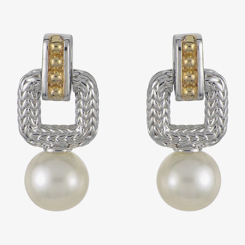 Womens White Cultured Freshwater Pearl 14K Two Tone Gold Over Silver Drop Earrings