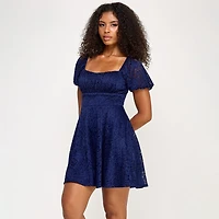 City Triangle Womens Juniors Square Neck Short Sleeve Puffed Lace Fit + Flare Dress