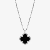 Womens 1 3/4 CT. T.W. Black Agate Sterling Silver Clover Paperclip 17 Inch Pendant Necklace