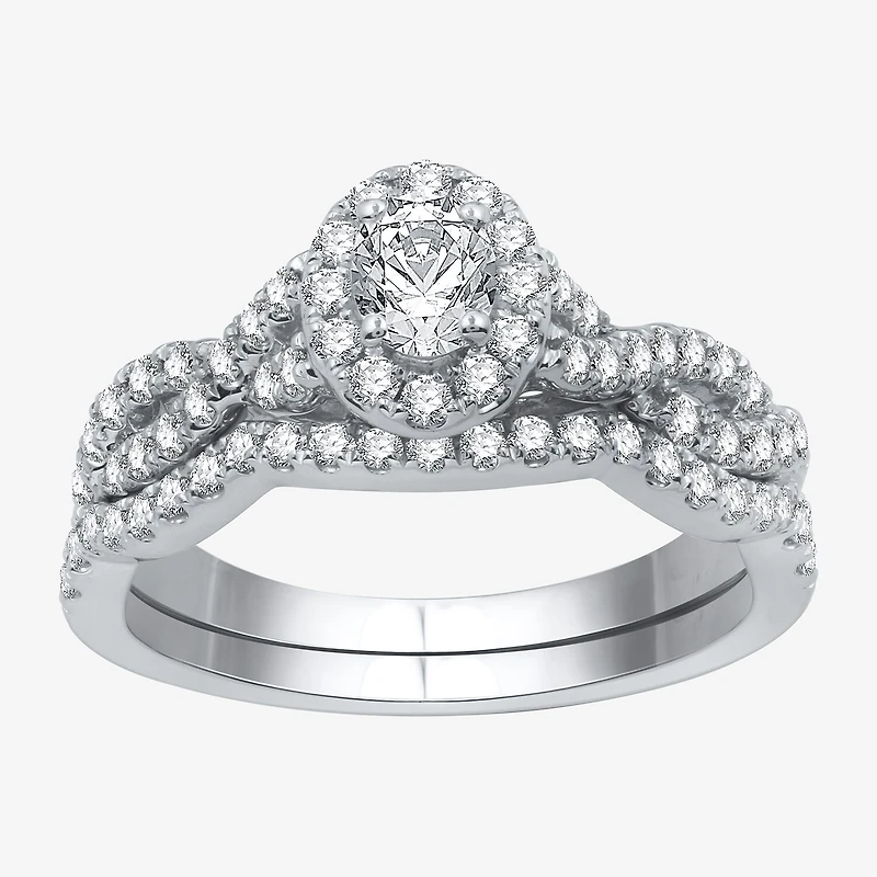 I Said Yes (H-I / I1) Womens 1 CT. T.W. Lab Grown White Diamond Sterling Silver or 14K Gold Over Oval Side Stone Halo Bridal Set