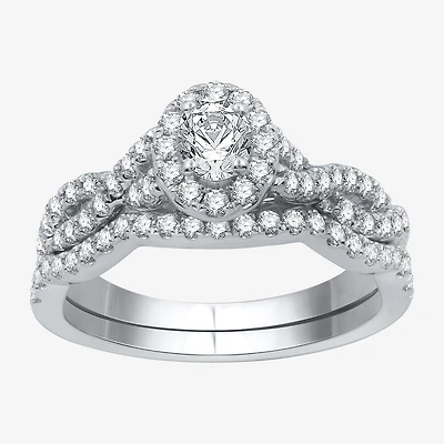 I Said Yes (H-I / I1) Womens 1 CT. T.W. Lab Grown White Diamond Sterling Silver or 14K Gold Over Oval Side Stone Halo Bridal Set