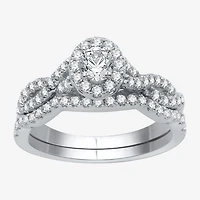 I Said Yes (H-I / I1) Womens 1 CT. T.W. Lab Grown White Diamond Sterling Silver or 14K Gold Over Oval Side Stone Halo Bridal Set