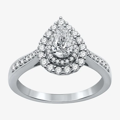 I Said Yes (H-I / I1) Womens 3/4 CT. T.W. Lab Grown White Diamond Sterling Silver or 14K Gold Over Pear Side Stone Halo Engagement Ring