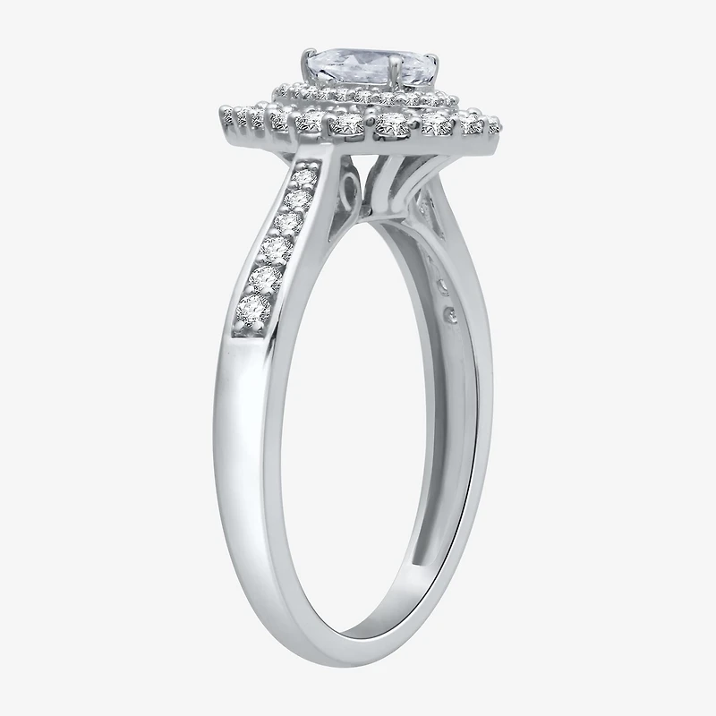 I Said Yes (H-I / I1) Womens 3/4 CT. T.W. Lab Grown White Diamond Sterling Silver or 14K Gold Over Pear Side Stone Halo Engagement Ring