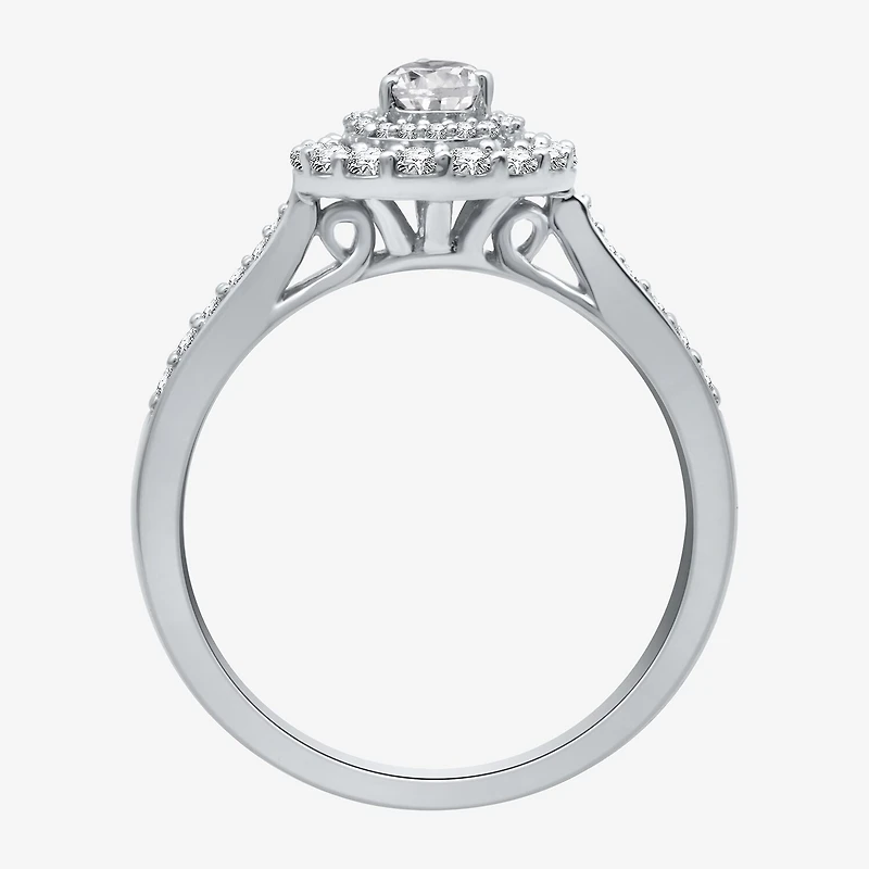 I Said Yes (H-I / I1) Womens 3/4 CT. T.W. Lab Grown White Diamond Sterling Silver or 14K Gold Over Pear Side Stone Halo Engagement Ring