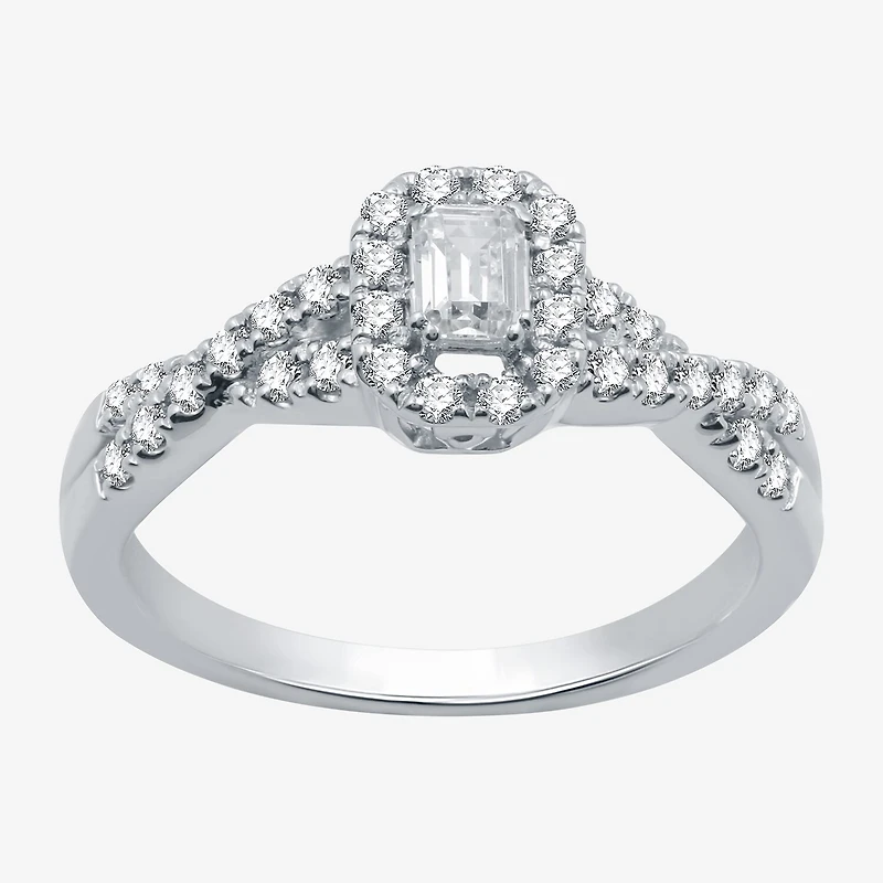 I Said Yes (H-I / I1) Womens 1/2 CT. T.W. Lab Grown White Diamond Sterling Silver or 14K Gold Over Side Stone Halo Engagement Ring