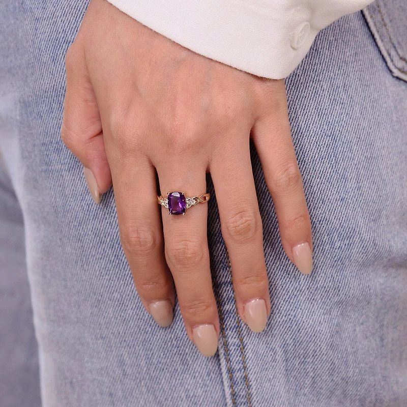 Womens Genuine Purple Amethyst 10K Gold Cocktail Ring