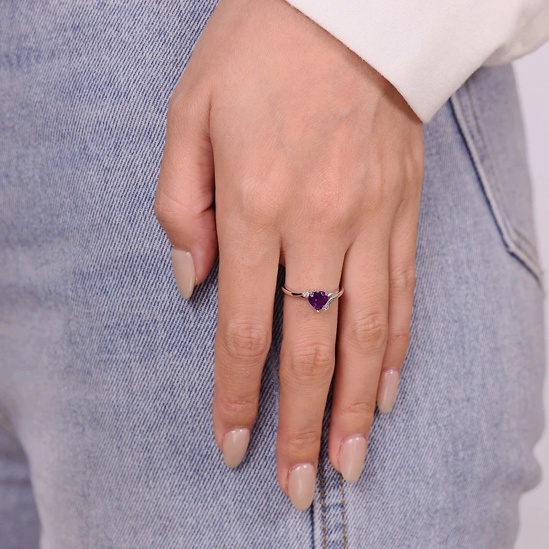 Genuine Amethyst and White Topaz Sterling Silver Heart-Shaped Ring