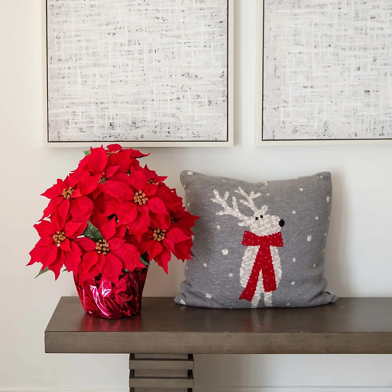 Nearly Natural 19in Artificial Lush Poinsettia In Red Wrapped Planter Artificial Flowers