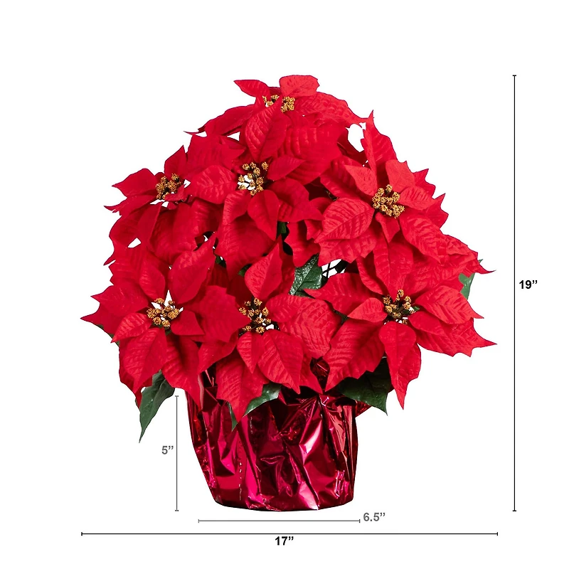 Nearly Natural 19in Artificial Lush Poinsettia In Red Wrapped Planter Artificial Flowers