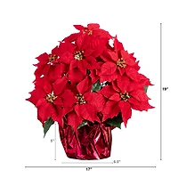 Nearly Natural 19in Artificial Lush Poinsettia In Red Wrapped Planter Artificial Flowers