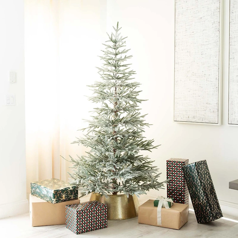 Nearly Natural Pre-Lit Artificial Flocked Woodland Fir With 200 Warm White Led Lights 7 Foot Pre-Lit Flocked Fir Christmas Tree