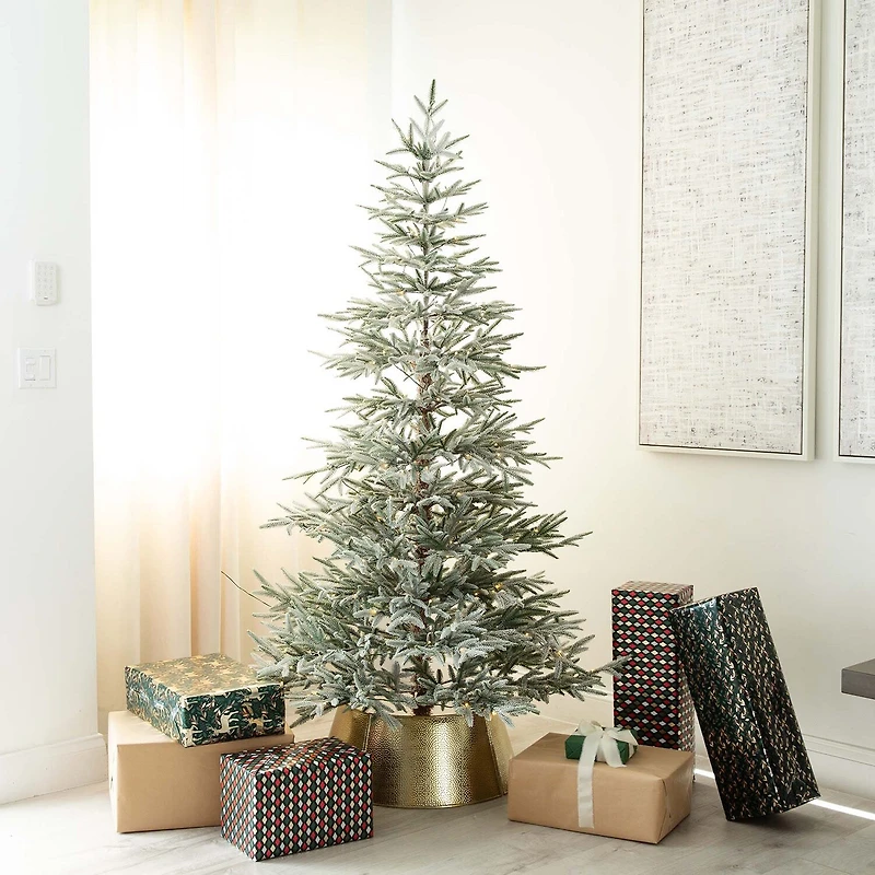 Nearly Natural Pre-Lit Artificial Flocked Woodland Fir With 200 Warm White Led Lights 7 Foot Pre-Lit Flocked Fir Christmas Tree