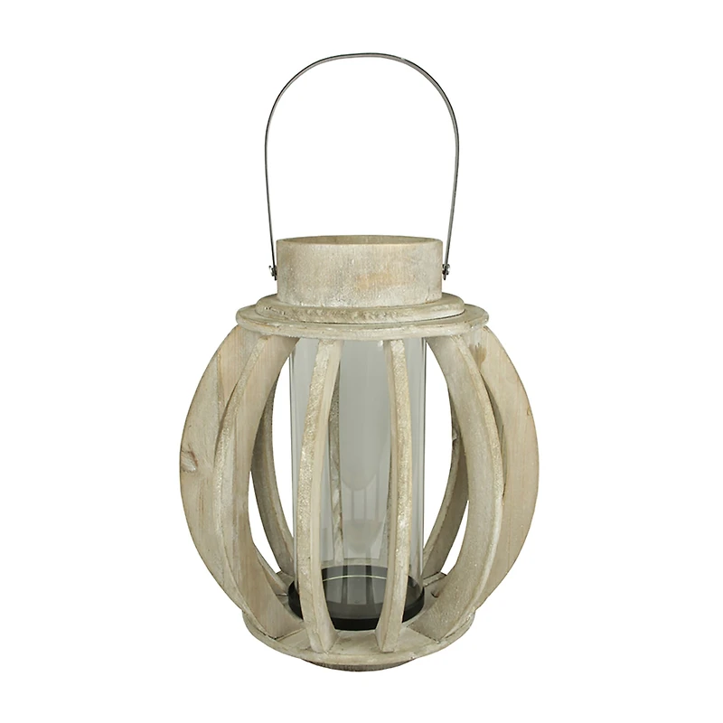 14.75'' Seaside Treasures Rustic Chic Drift Wood Sphere and Glass Hurricane Pillar Candle Lantern