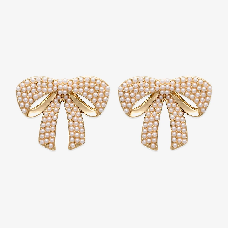 Bijoux Bar Gold Tone Womens White Simulated Pearl Bow Drop Earrings