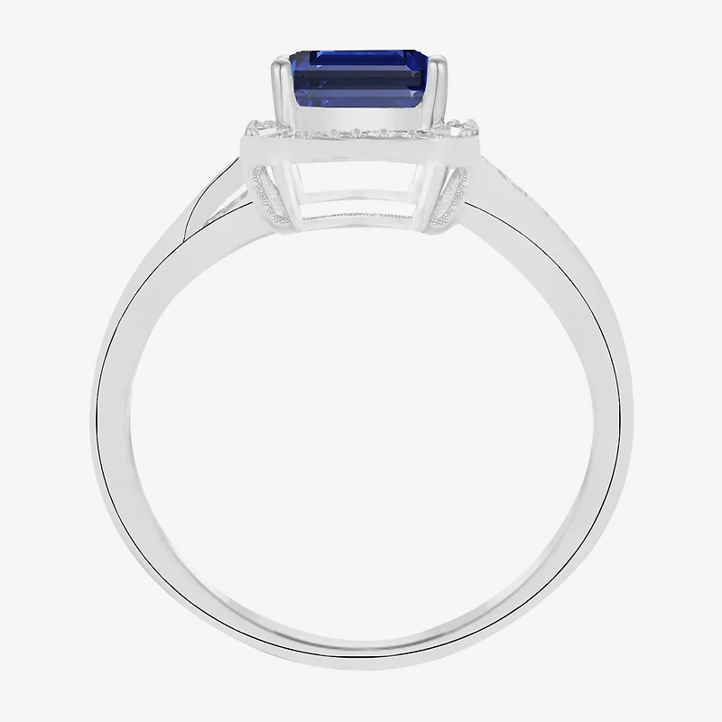 Yes Please! Womens Lab Created Blue Sapphire Sterling Silver Halo Side Stone Cocktail Ring