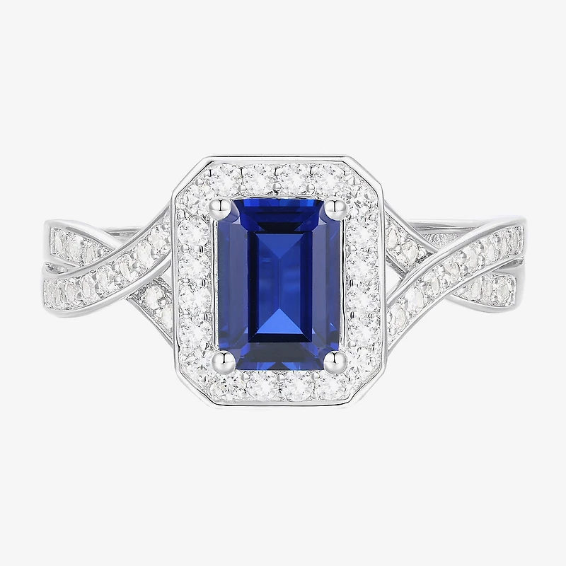 Yes Please! Womens Lab Created Blue Sapphire Sterling Silver Halo Side Stone Cocktail Ring