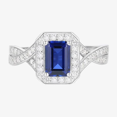 Yes Please! Womens Lab Created Blue Sapphire Sterling Silver Halo Side Stone Cocktail Ring
