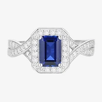 Yes Please! Womens Lab Created Blue Sapphire Sterling Silver Halo Side Stone Cocktail Ring