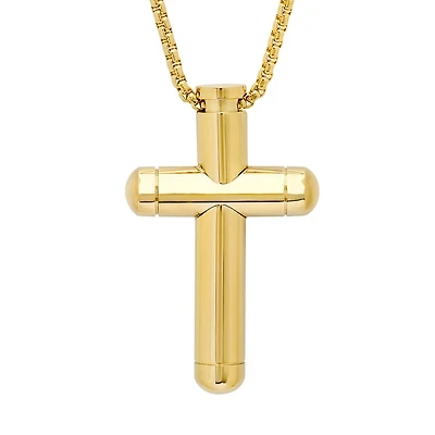 Mens 18K Gold Stainless Steel Cross 24 Inch Pendant Necklace