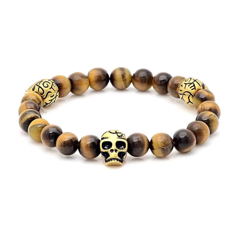 Mens Multi Color Tiger's Eye 18K Gold Stainless Steel Skull Beaded Bracelet