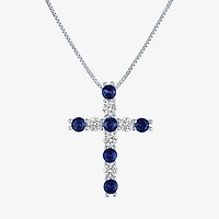Womens Lab Created Blue Sapphire Sterling Silver Cross 18 Inch Pendant Necklace