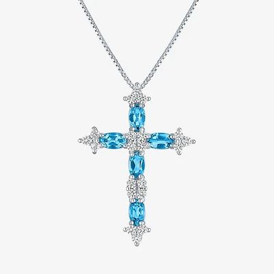 Womens Lab Created Blue Topaz Sterling Silver Cross 18 Inch Pendant Necklace
