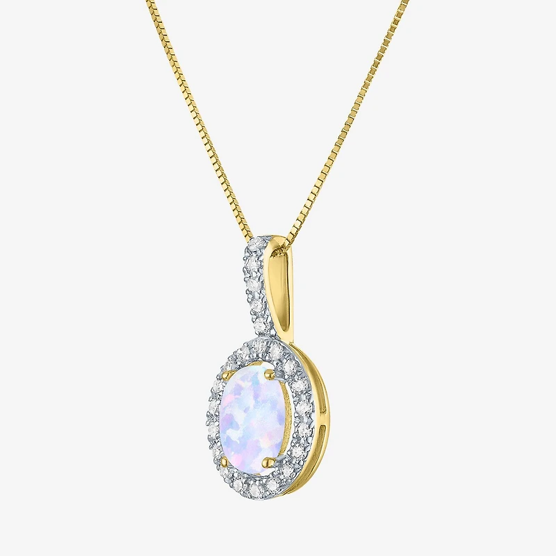 Womens Diamond Accent Lab Created White Opal 10K Gold Oval 18 Inch Pendant Necklace