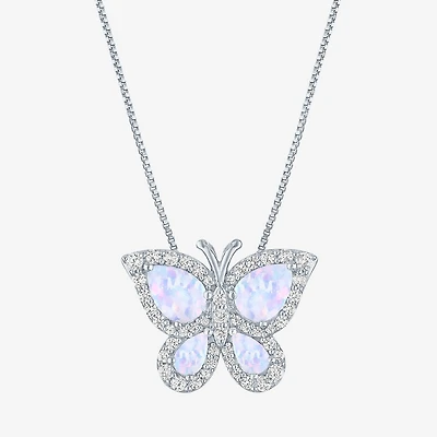 Womens Lab Created White Opal Sterling Silver Butterfly 18 Inch Pendant Necklace