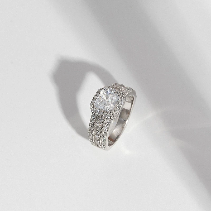 Diamonart Womens Cubic Zirconia Sterling Silver Side Stone Engagement Ring