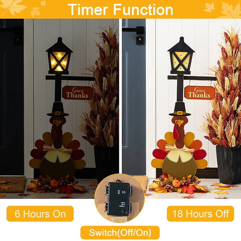 Glitzhome 36"H Thanksgiving Lighted Wooden Turkey Lamp Post Thanksgiving Porch Sign