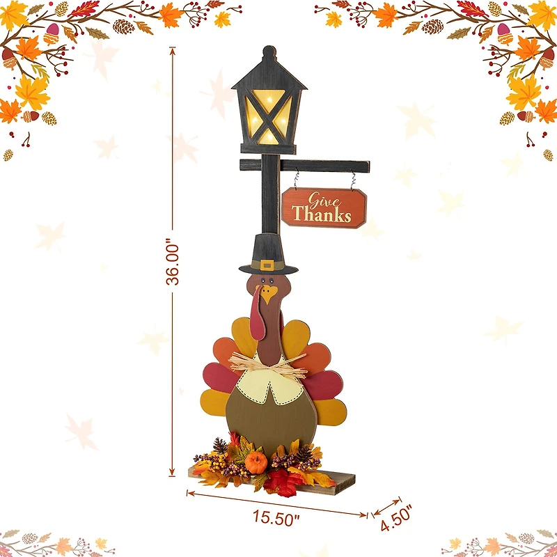 Glitzhome 36"H Thanksgiving Lighted Wooden Turkey Lamp Post Thanksgiving Porch Sign