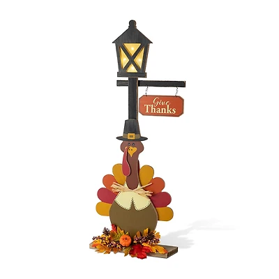 Glitzhome 36"H Thanksgiving Lighted Wooden Turkey Lamp Post Thanksgiving Porch Sign