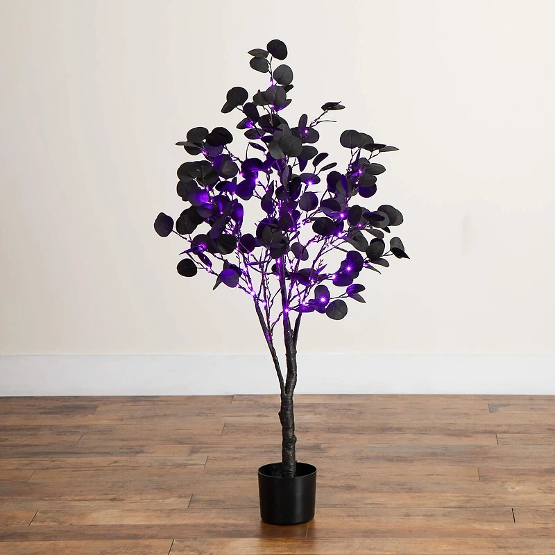Nearly Natural 4ft Pre-Lit Black Eucalyptus Lighted Indoor Artificial Tree