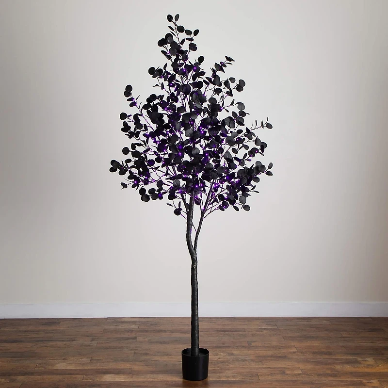 Nearly Natural 8ft Pre-Lit Black Eucalyptus Lighted Indoor Artificial Tree