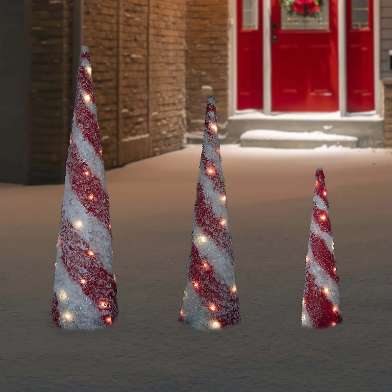 Northlight Led Lighted Snow Candy Cane Cone Trees 3-pc. Lighted Christmas Tabletop Decor