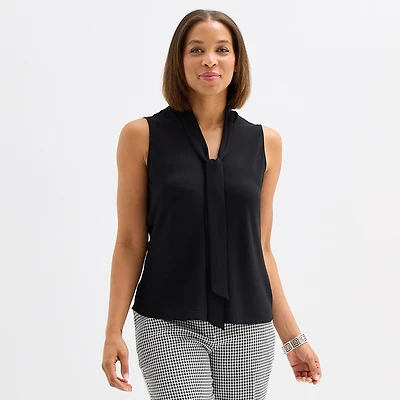 Black Label by Evan-Picone Womens Split Tie Neck Sleeveless Blouse