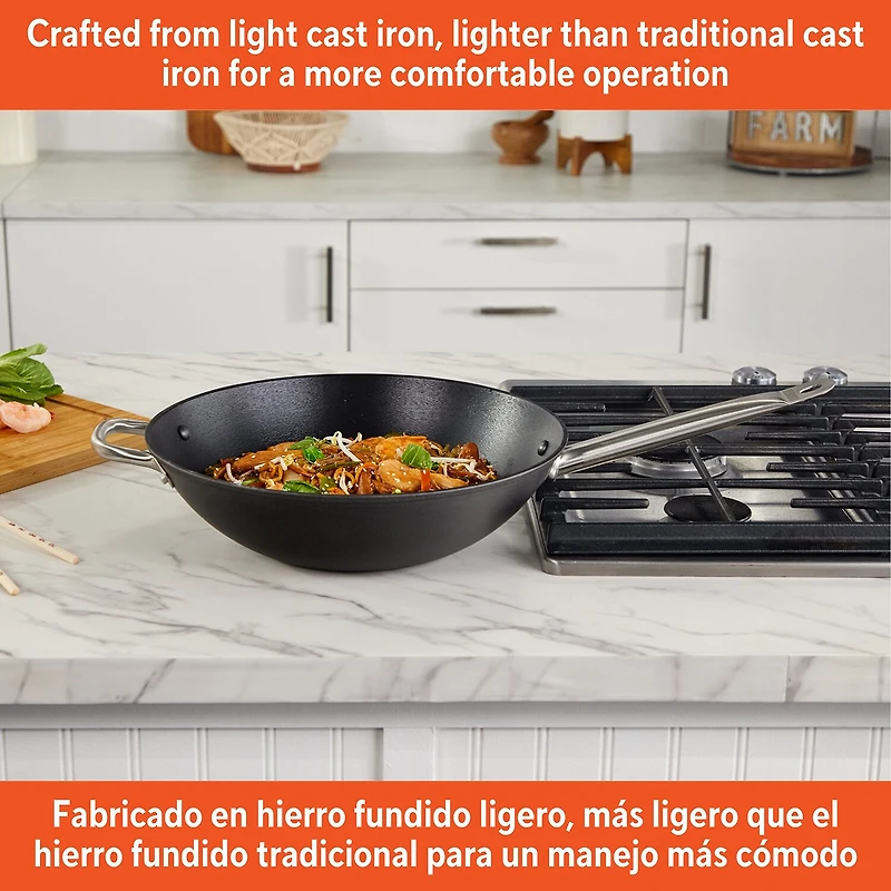 IMUSA Pre-Seasoned Light Cast Iron 14" Wok with Stainless Steel Handles