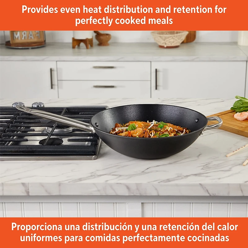 IMUSA Pre-Seasoned Light Cast Iron 14" Wok with Stainless Steel Handles