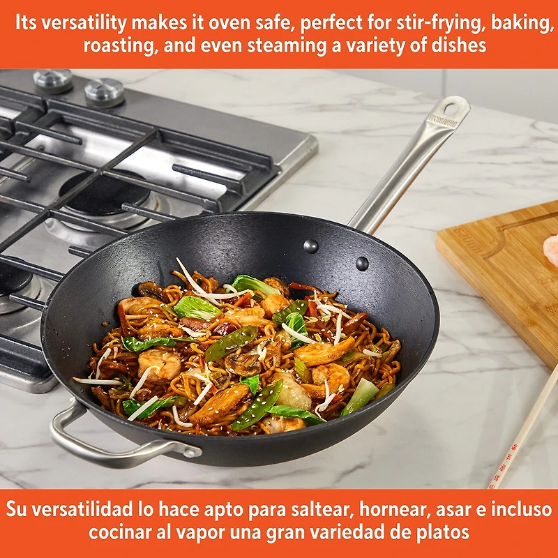 IMUSA Pre-Seasoned Light Cast Iron 14" Wok with Stainless Steel Handles