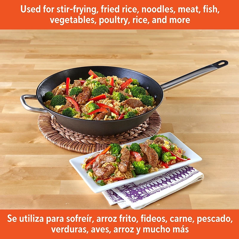 IMUSA Pre-Seasoned Light Cast Iron 14" Wok with Stainless Steel Handles