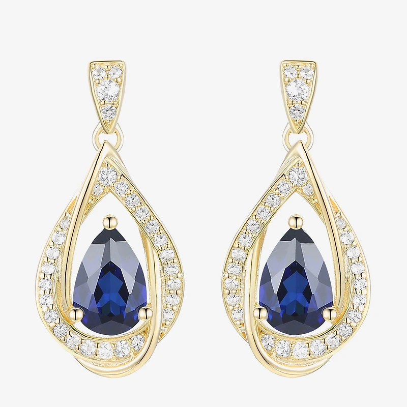 Womens Lab Created Blue Sapphire 14K Gold Over Silver Drop Earrings