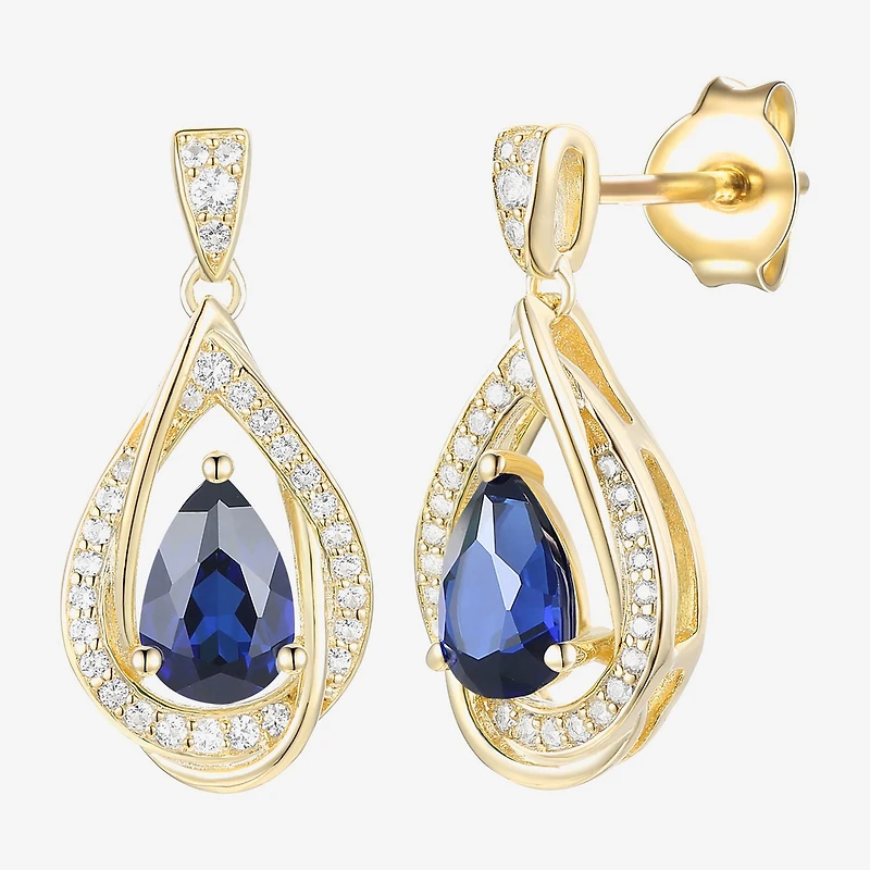 Womens Lab Created Blue Sapphire 14K Gold Over Silver Drop Earrings