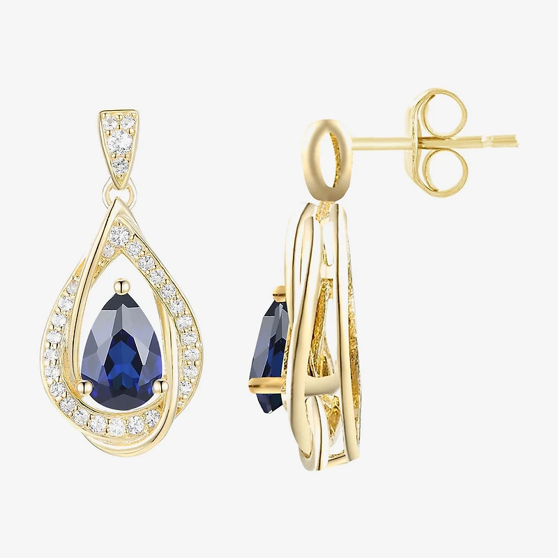 Womens Lab Created Blue Sapphire 14K Gold Over Silver Drop Earrings