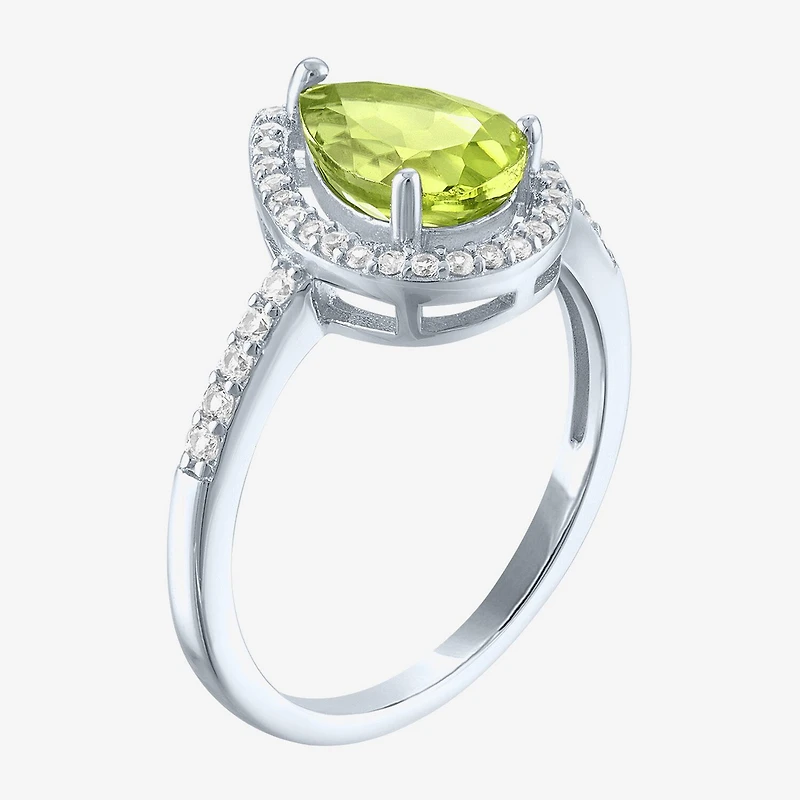 Womens Genuine Green Peridot Sterling Silver Pear Halo Side Stone Cocktail Ring